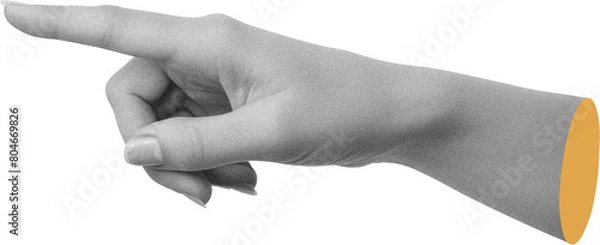 Fototapeta Black and white grained Caucasian woman's hand pointing finger to side, modern collage element on transparent background, yellow cut
