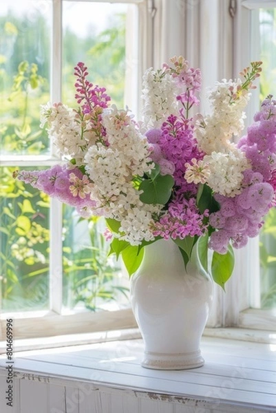 Obraz A white vase of LOTS of Lilacs' subtle color variations blooms in two or more hues, and group them by color gradation in a heavy vase. 