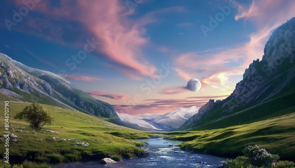 Obraz Fantacy Landscape, Majestic mountain panorama bathed in the warm glow of a summer sunset