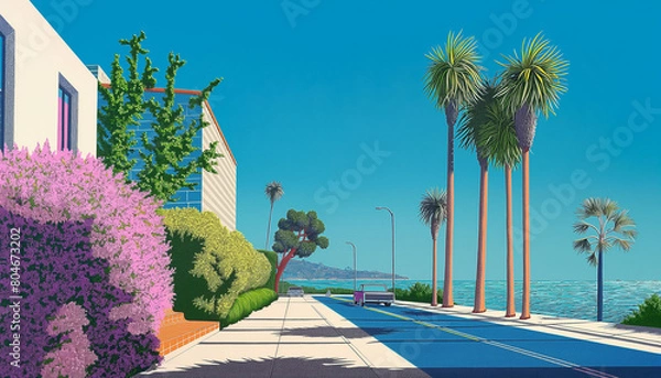 Obraz Sunny summer street scene in a historic European town with colorful houses, a towering cathedral, and palm trees lining the park