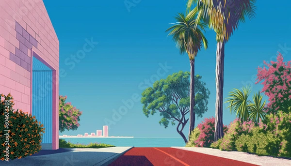 Obraz Summer landscape with palm trees on a beach, park trees lining a city street
