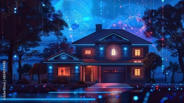 Fototapeta Digital housing, smart home and network at night