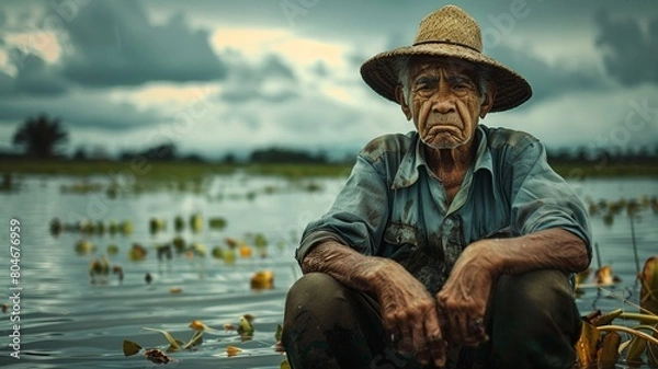 Fototapeta A moving image captures a farmer with tears in his eyes, standing helplessly in his flooded rice field under a dark, cloudy sky.