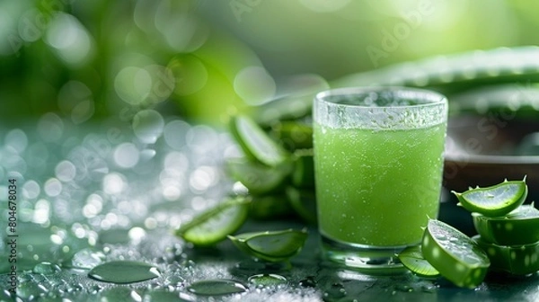 Obraz Frosty Aloe Vera Juice, Light Green, Soft Focus on Blurred Spa Background, Space for Health and Wellness Ads