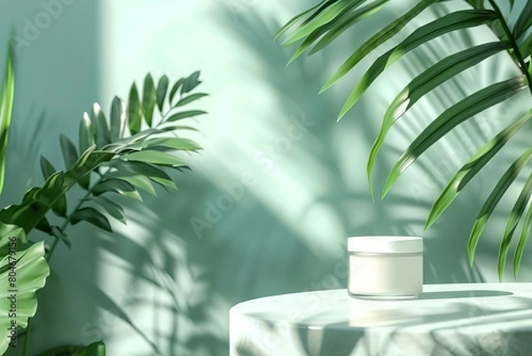 Fototapeta tropical summer background with palm leaves for cosmetic product display 3d render