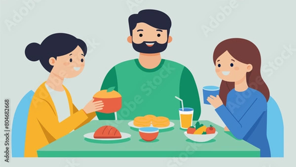 Fototapeta A family sharing a meal together and the neurodivergent member explaining to their siblings how certain foods can feel overwhelming to them promoting. Vector illustration