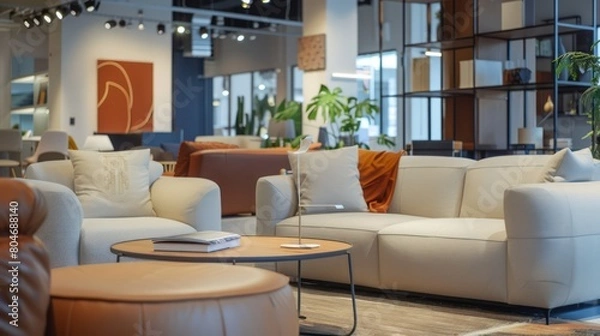 Fototapeta An inviting scene at a furniture store with modern sofas, artistic wall paintings, and green plants