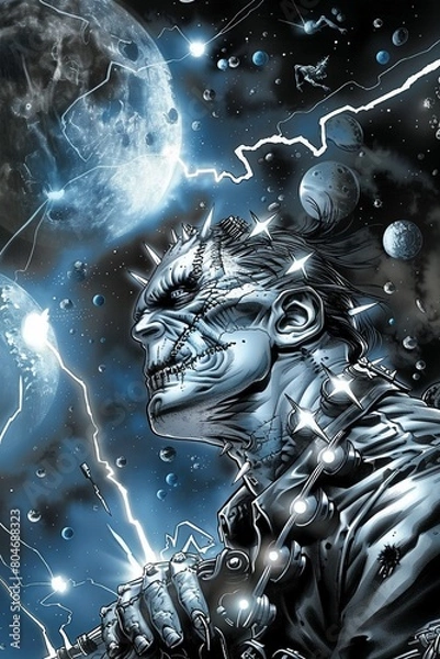Obraz With bolts crackling with cosmic energy, Frankensteins form cuts through the darkness of space like a beacon of light, high detailed ,