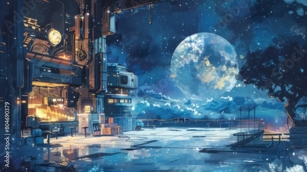 Fototapeta The AI-generated image shows a beautiful winter landscape with a full moon. The moon is reflected in the water, and the snow is falling on the trees.