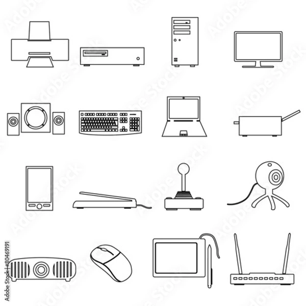 Obraz computer peripherals black outline icons set eps10