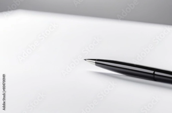 Obraz black pen and a blank white sheet of paper on white modern table, finance and economy concept, close up, minimalism, goals and planning, family budget, daily regime