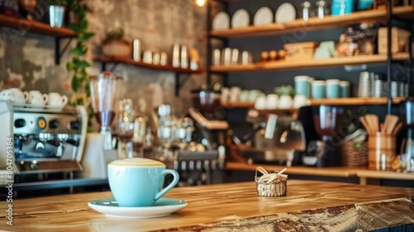 Obraz A serene turquoise coffee cup laid on a wooden countertop with blurred cafe interior showcasing a creative space