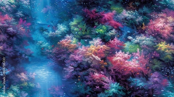 Fototapeta  A vibrant forest painting depicts a myriad of plant colors, thriving along the shores of a serene water body