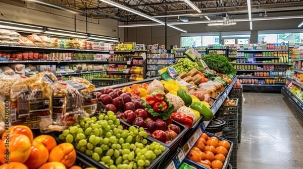 Fototapeta A neat grocery store aisle filled with fruits to the left and various snacks to the right