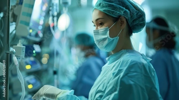 Fototapeta A detailed image capturing a medical staff member attentively checking on critical patient monitors in an intensive care unit setting