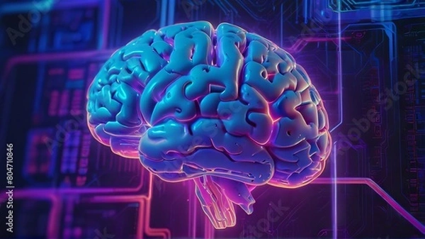 Fototapeta Futuristic brain art in neon colors. Glowing brain in an intricate network setting. Concept of cognitive science, brain functionality, mental wellness, and advanced diagnostics.