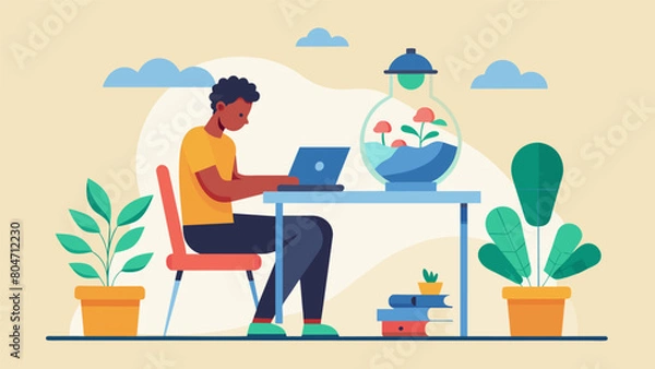 Obraz A person sitting at a desk tending to a small terrarium as a form of relaxation during a study break..