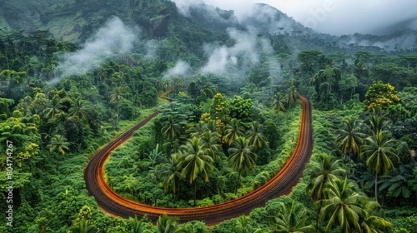 Fototapeta   A bird's-eye view of a serpentine path amidst lush jungle foliage, surrounded by majestic palm trees and distant mountain ranges