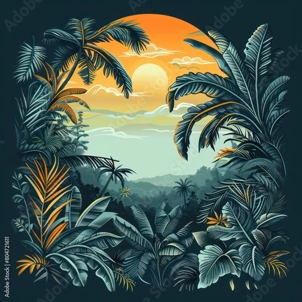 Fototapeta Gorgeous illustration framing a tropical forest view with a sunset in the background, detailed and colored in deep hues