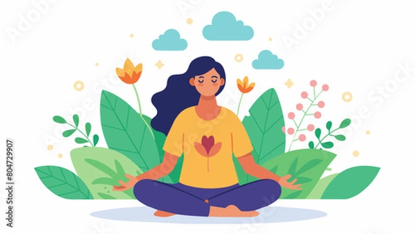 Fototapeta An image of a person practicing breathing exercises with illustrations of plants and flowers growing and thriving in response to their calm and.