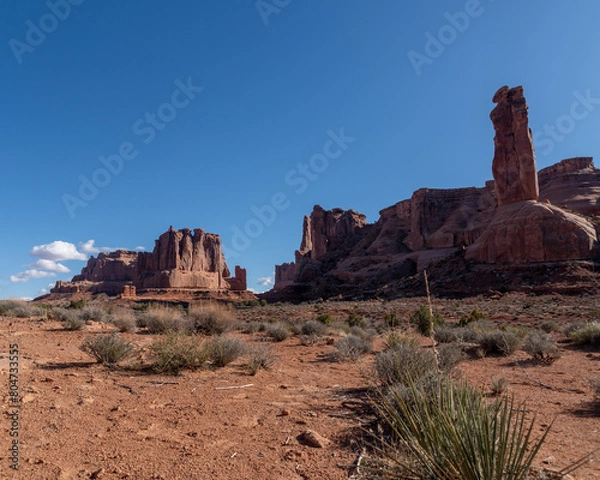 Fototapeta Low angle view of Courthouse Towers on a Spring day with blue skies in Arches National Park 