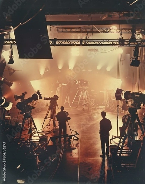Obraz Vintage sepia indoor photograph of an early movie set with spotlights cameras and actors in silhouette. From the series �Lightbox.�