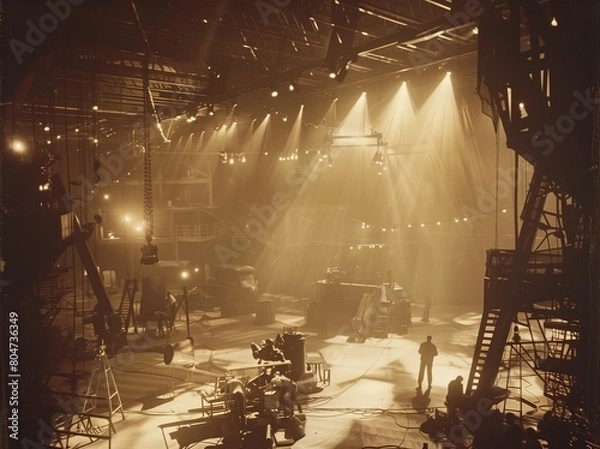 Obraz Vintage sepia photograph of a 1920s silent-film studio with a crew working to erect a movie set, overhead spotlights, cameras and machinery. From the series �Lightbox.�