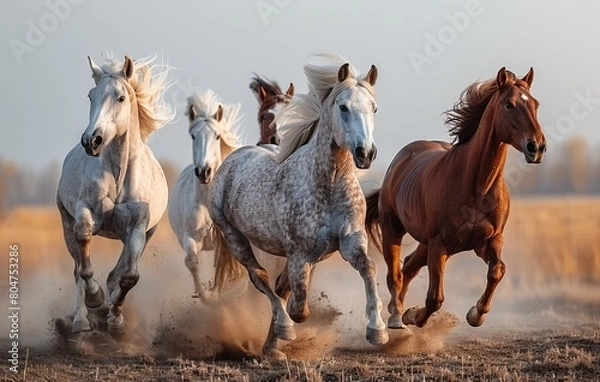 Fototapeta A photo of Arabian horses running together, a white and brown horse on the left side, in the style of photo realistic, with a blue sky background