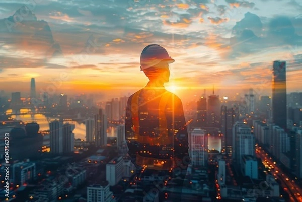 Fototapeta The double exposure image of the engineer standing back during sunrise overlay with cityscape image The concept of engineering, construction, city life and future