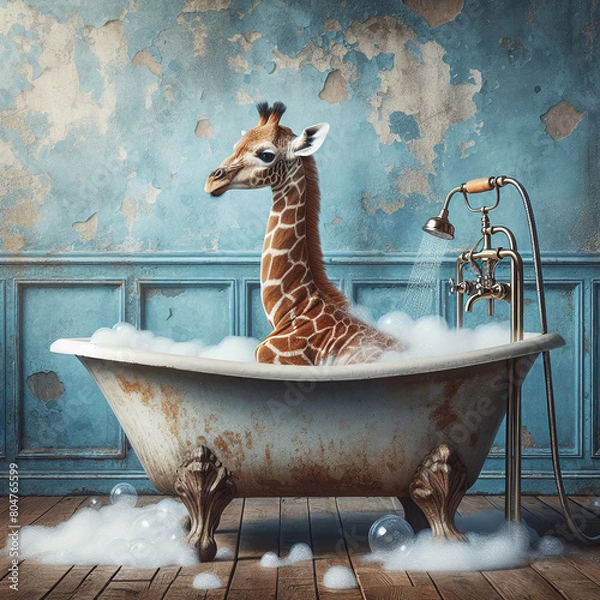 Fototapeta Bath Time Bliss: Cute smiling giraffe enjoying soaking soap in an old bathtub