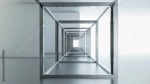 Fototapeta Endless perspective view of a shiny metallic corridor with a modern design.