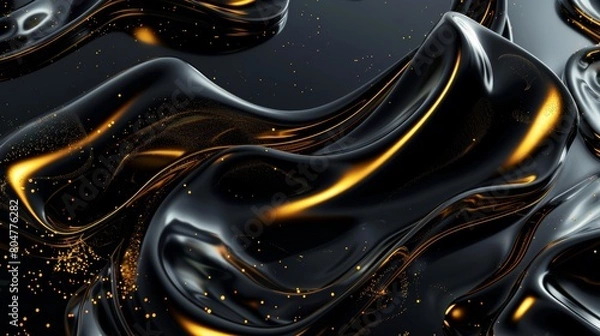 Fototapeta 3d wallpaper, black and gold abstract fluid shapes background.