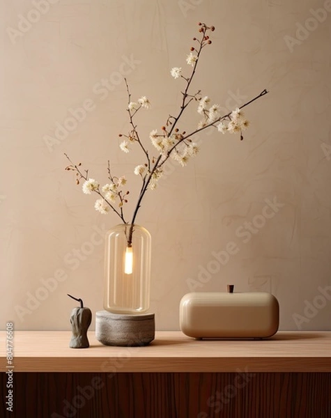 Fototapeta Minimalist still life with flowering branches and decorative objects
