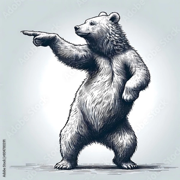 Obraz Dancing standing bear pointing with its paw sketch engraving generative ai fictional character raster illustration. Scratch board imitation. Black and white image.
