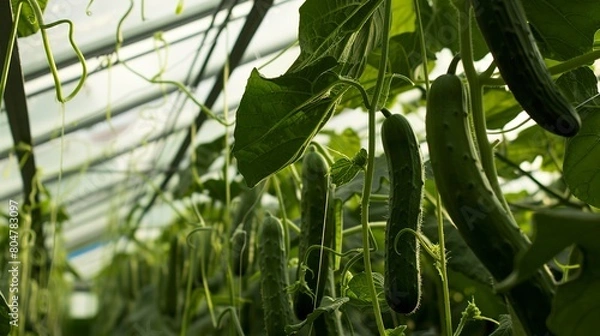 Fototapeta Greenhouse cucumbers, close up, long green fruits hanging, controlled lighting, healthy growth 