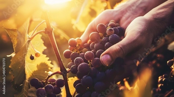 Fototapeta Winemaker testing grape ripeness, close up on hands and purple grapes, golden hour light 