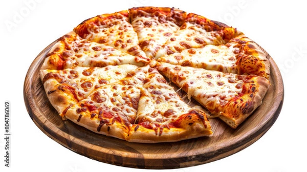 Fototapeta Pizza with cheese on top, cut into slices on a wooden board with an isolated white background, png 