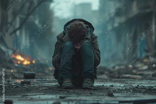 Obraz PTSD Mental health concept. Post Traumatic Stress Disorder. The depressed man sitting alone war destroyed buildings in the background