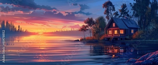 Fototapeta A serene lakeside cabin at sunset, reflections on water, peaceful ambiance, DSLR camera with a telephoto lens, golden hour lighting, tranquil retreat., cartoon style, background,comic panel background