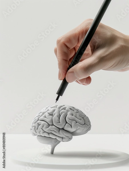 Fototapeta Hand Drawing on Brain Model with Fine Tip Pen in Clean Studio Setting
