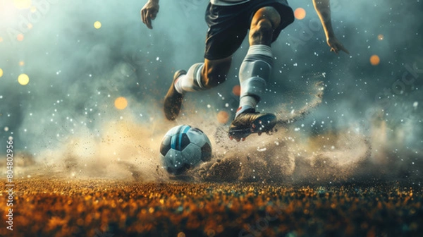 Obraz Soccer player in action on the stadium, kicking the ball for a goal, with motion blur and dust particles around. A concept of sport competition.