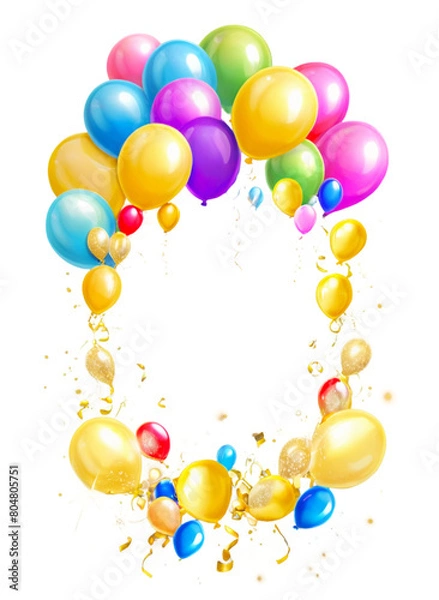 Fototapeta Colorful and golden festive holiday balloons frame on a transparent background without background. Holiday card template banner design