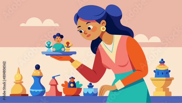Fototapeta A woman carefully inspected a collection of miniature figurines thrilled to have found additions for her porcelain collection.. Vector illustration