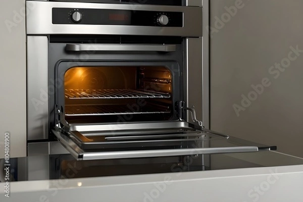 Fototapeta Empty open electric oven with hot air ventilation. New oven. Door is open and light is on

