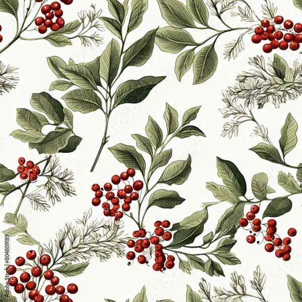 Obraz Seamless pattern, tileable modern botanical Christmas holiday, country berry dots print for wallpaper, wrapping paper, scrapbook, fabric and product design motif