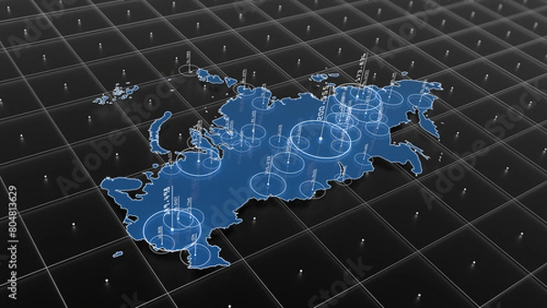Obraz Russia blue map big data visualization. Futuristic infographic map. Information aesthetics. Complex visual data. Complex data graphic visualization. 3D render illustration.