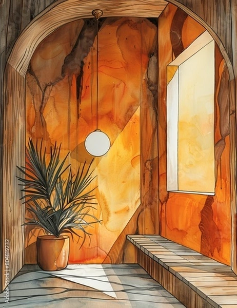 Fototapeta The image is a watercolor painting of a room with a large arched window