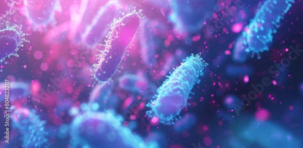 Obraz 3d render of bacteria and prorounded by light effects. Abstract background for medical or science concept. BArrayList, high detail, high resolution, blue theme with purple glow, bright background