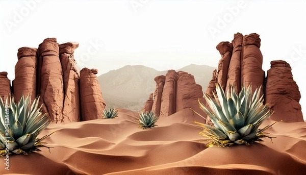 Fototapeta meticulously crafted miniature diorama portraying a serene desert scene, featuring vivid red sand dunes, towering cacti, and distant mountain peaks. desert with cactus landscape and mountains isolated