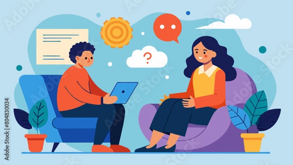 Fototapeta A CBT session with a client who has OCD where the the helps them create a structured plan to manage their rituals and thoughts.. Vector illustration